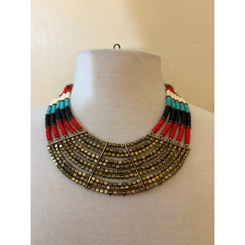 Bohemian Multi Strand Beaded Bib Necklace‎ Red Turquoise Brass Tribal Statement